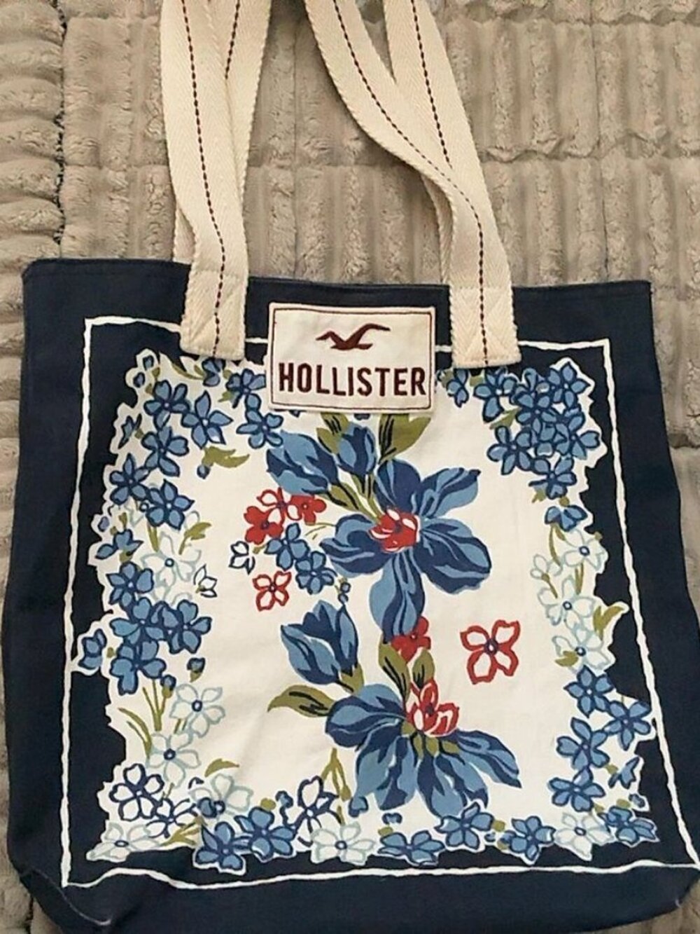 Hollister California Vintage Navy Floral Canvas Tote Bag Extra Large Very Good